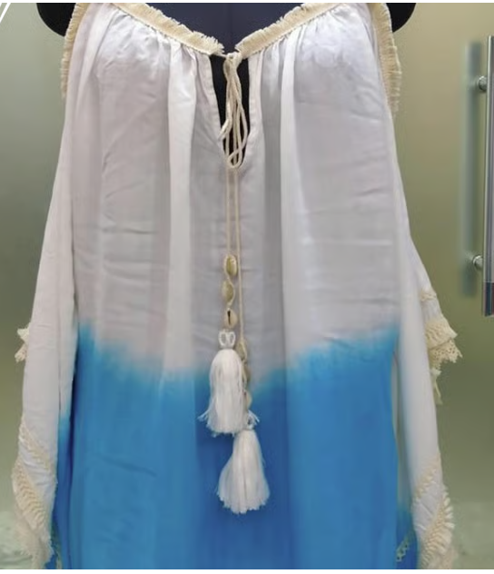 White & Blue Viscose Tassel Kaftan Dress