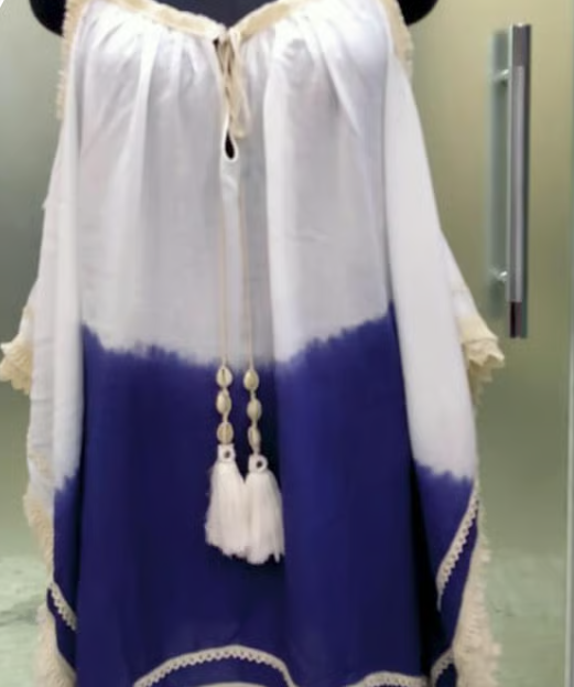 Navy & White Gradient Viscose Tassel Dress