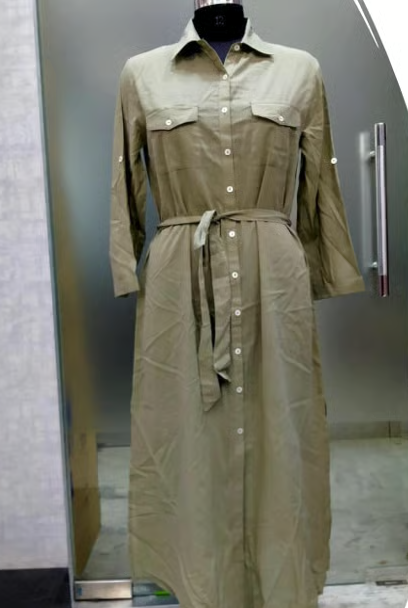 Light Khaki Belted Viscose Shirt Dress