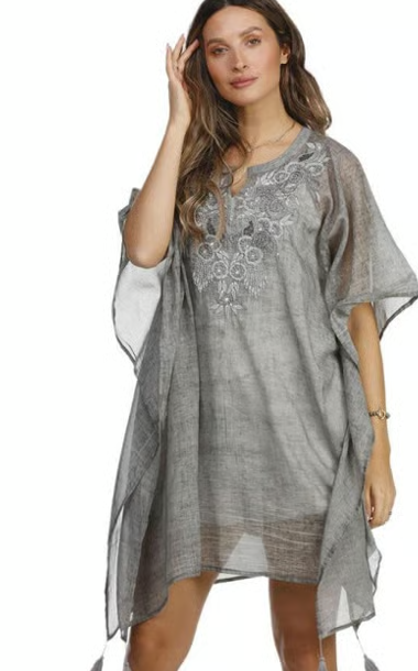 Grey Cotton Embroidered Short Dress