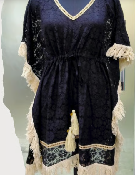 Navy Blue Net Embroidered Kaftan Dress